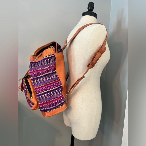 VTG Leather Mexican Blanket Backpack Boho Hippy Chic Purse Bag Tote Tapestry - Picture 2 of 8